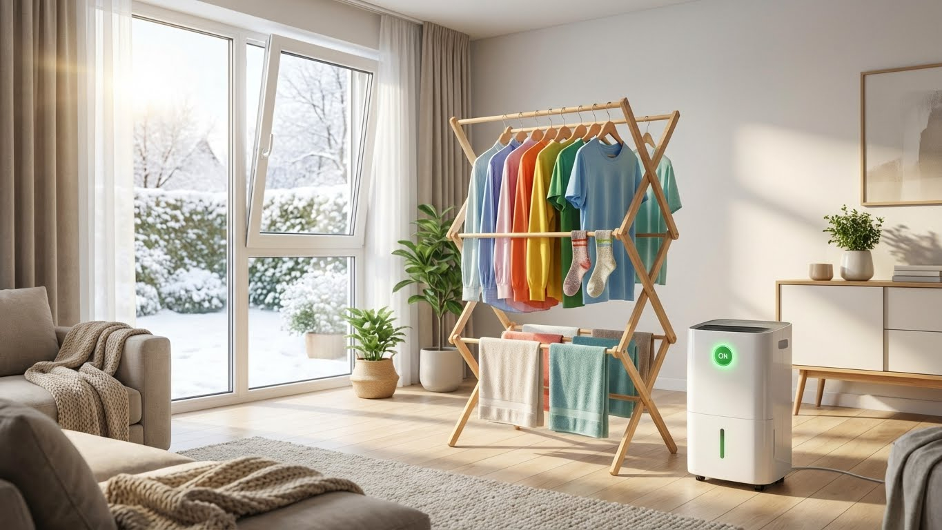 Απλώστρα ρούχων δίπλα σε αφυγραντήρα σε φωτεινό σαλόνι