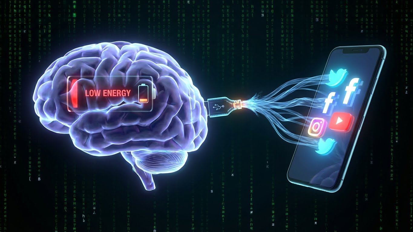 Εικονογράφηση που δείχνει το κινητό να εξαντλεί την ενέργεια του εγκεφάλου