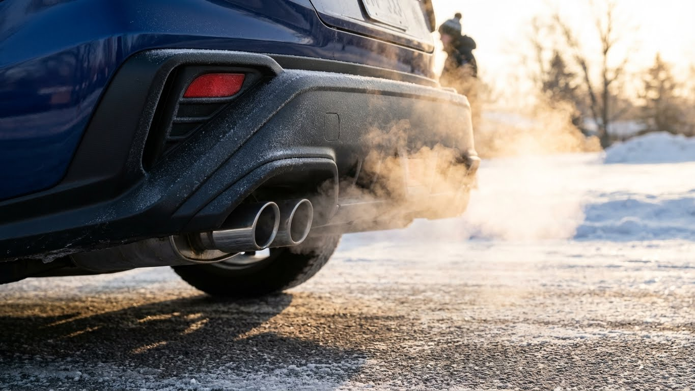 Αυτοκίνητο που δουλεύει στο ρελαντί σε κρύο πρωινό