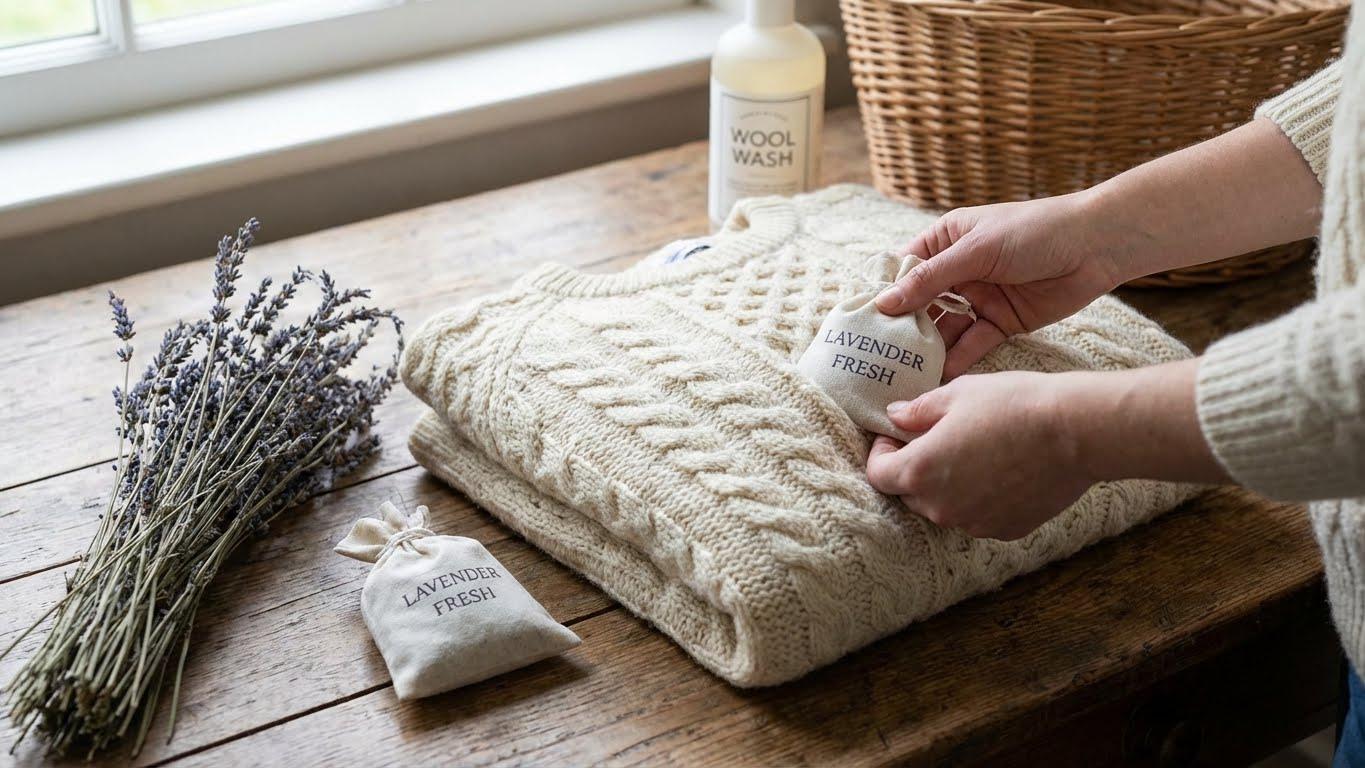 Φρεσκαρισμένο μάλλινο πουλόβερ με λεβάντα
