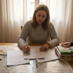 Μια μητέρα κάθεται στο σαλόνι του σπιτιού της και διαβάζει προσεκτικά τα έντυπα για τα επιδόματα, προσπαθώντας να καταλάβει ποια δικαιούται και πώς να συμπληρώσει σωστά τα χαρτιά.