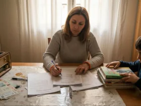 Μια μητέρα κάθεται στο σαλόνι του σπιτιού της και διαβάζει προσεκτικά τα έντυπα για τα επιδόματα, προσπαθώντας να καταλάβει ποια δικαιούται και πώς να συμπληρώσει σωστά τα χαρτιά.