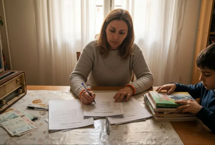 Μια μητέρα κάθεται στο σαλόνι του σπιτιού της και διαβάζει προσεκτικά τα έντυπα για τα επιδόματα, προσπαθώντας να καταλάβει ποια δικαιούται και πώς να συμπληρώσει σωστά τα χαρτιά.