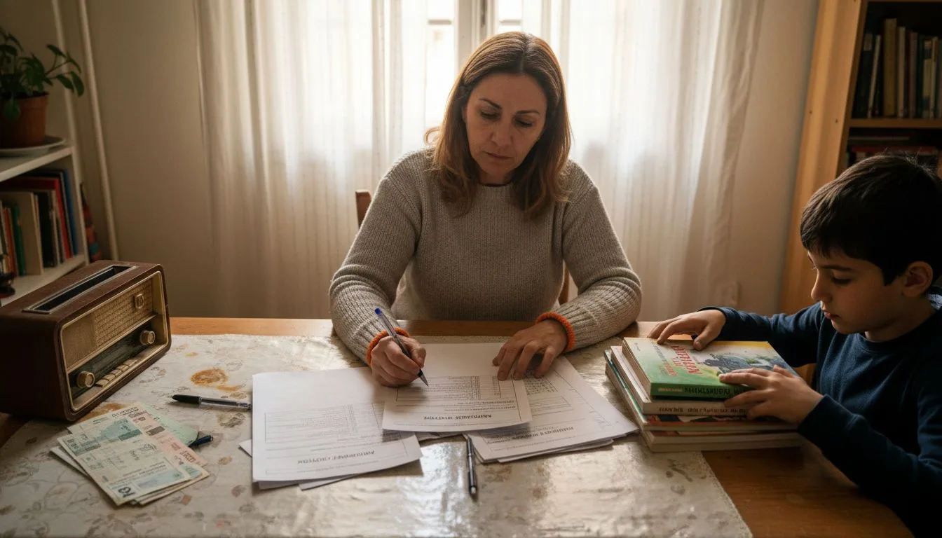 Μια μητέρα κάθεται στο σαλόνι του σπιτιού της και διαβάζει προσεκτικά τα έντυπα για τα επιδόματα, προσπαθώντας να καταλάβει ποια δικαιούται και πώς να συμπληρώσει σωστά τα χαρτιά.
