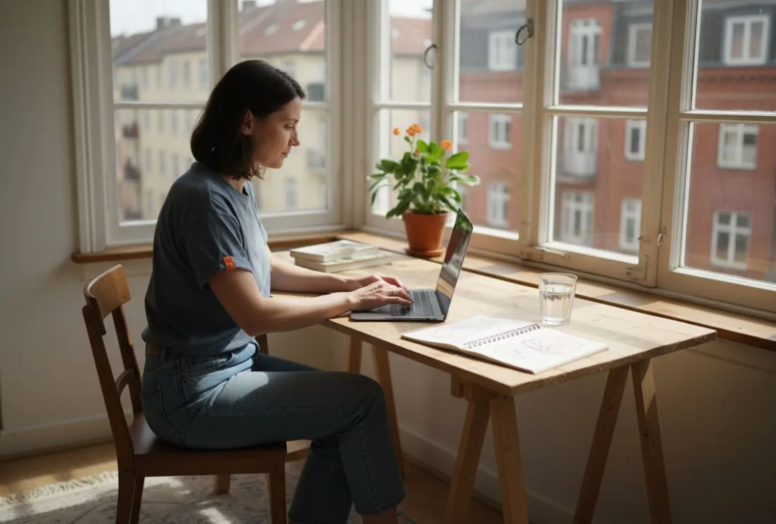 Γυναίκα εργάζεται εξ αποστάσεως από το γραφείο του σπιτιού της, απολαμβάνοντας το φως του ήλιου που μπαίνει από το παράθυρο.