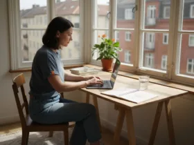 Γυναίκα εργάζεται εξ αποστάσεως από το γραφείο του σπιτιού της, απολαμβάνοντας το φως του ήλιου που μπαίνει από το παράθυρο.