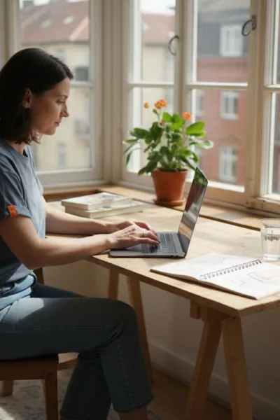Γυναίκα εργάζεται εξ αποστάσεως από το γραφείο του σπιτιού της, απολαμβάνοντας το φως του ήλιου που μπαίνει από το παράθυρο.