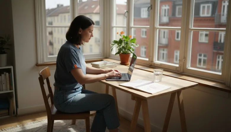 Γυναίκα εργάζεται εξ αποστάσεως από το γραφείο του σπιτιού της, απολαμβάνοντας το φως του ήλιου που μπαίνει από το παράθυρο.