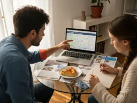 Ένα ζευγάρι κάθεται μπροστά στον υπολογιστή και ψάχνει αγγελίες για ενοικιαζόμενο διαμέρισμα.