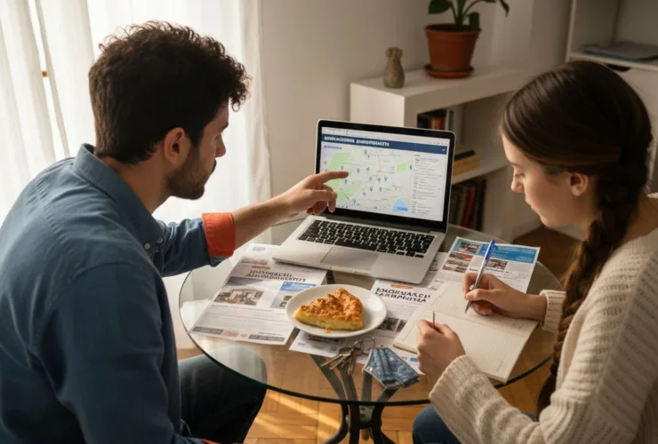 Ένα ζευγάρι κάθεται μπροστά στον υπολογιστή και ψάχνει αγγελίες για ενοικιαζόμενο διαμέρισμα.