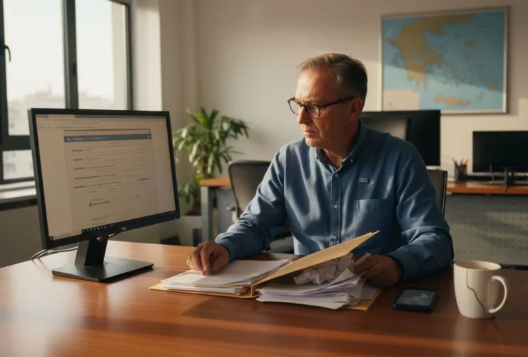 Ένας άντρας κάθεται στο γραφείο του και συμπληρώνει ηλεκτρονικά τη φορολογική του δήλωση μέσω taxisnet.