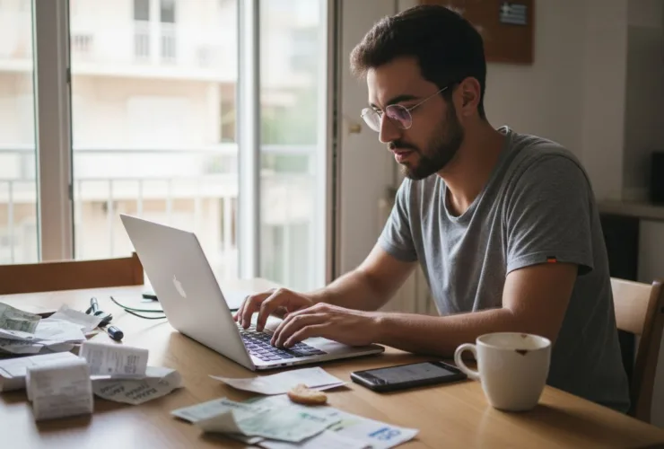 Ένας νέος επαγγελματίας συμπληρώνει τη φορολογική του δήλωση από το σπίτι.