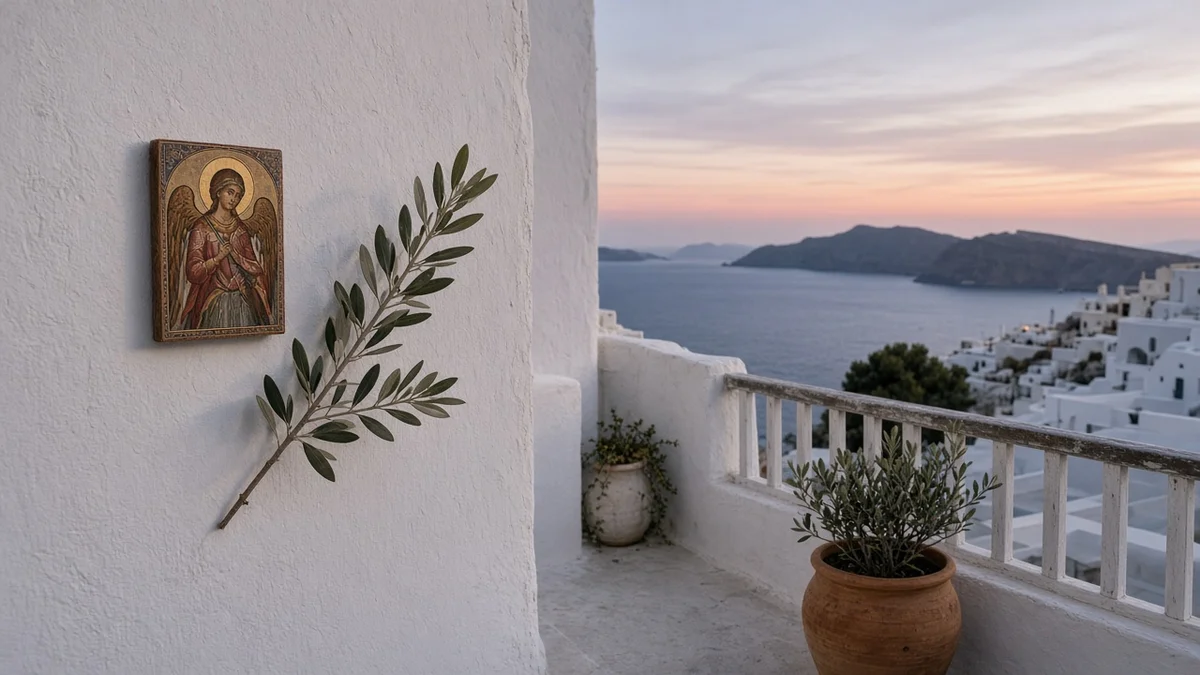 Ελληνικό μπαλκόνι με εικόνα Αρχαγγέλου και κλαδί ελιάς το σούρουπο