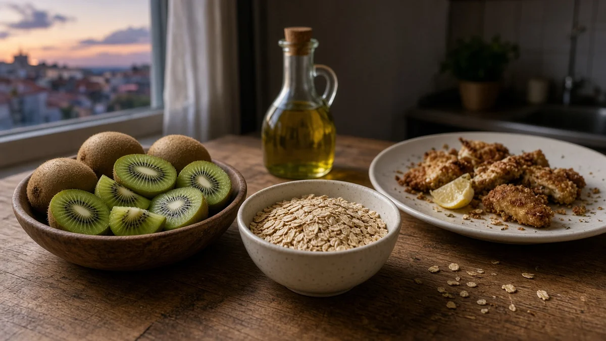 Βραδινό τραπέζι με ακτινίδιο και βρώμη αντί για τηγανητά σε ελληνική κουζίνα