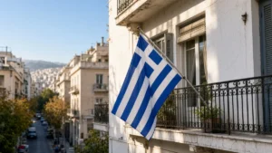 Ελληνική σημαία σε μπαλκόνι αθηναϊκής πολυκατοικίας τον Οκτώβριο