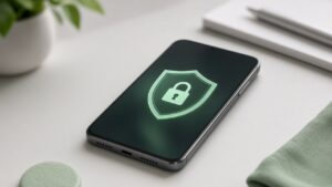 Smartphone Android σε γραφείο με έννοια ασπίδας ασφαλείας