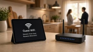 Router και τάμπλετ σε πάγκο κουζίνας με επισκέπτες στο φόντο