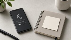 Κινητό και σημειωματάριο σε γραφείο με έννοια κωδικού πρόσβασης