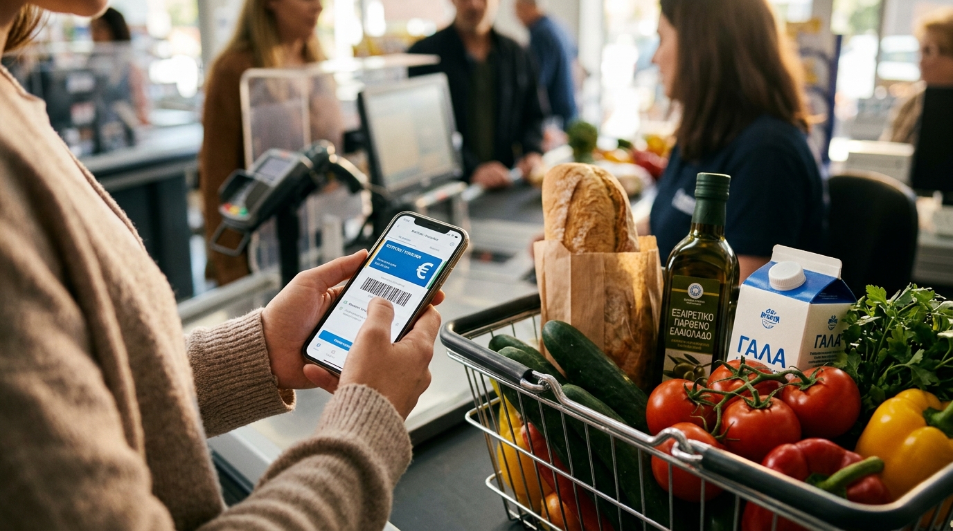 Εξαργύρωση ηλεκτρονικού κουπονιού voucher επισιτιστικής βοήθειας σε σούπερ μάρκετ